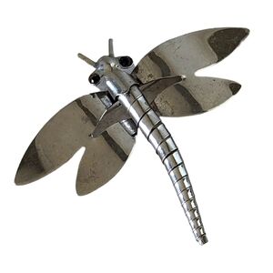 Large Vintage Silver Dragonfly Insect pin Brooch Blue Rhinestone Eyes